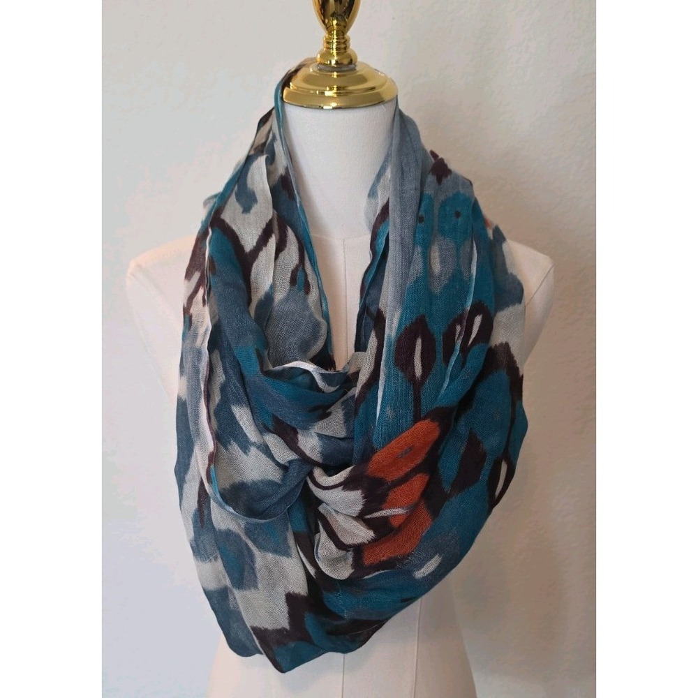 Teal Multicolor Ikat Infinity Scarf 36" X 72" Cotton/modal blend